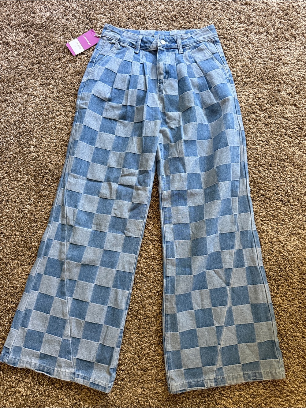 High-Rise Light Blue Checkerboard Wide-Leg Jeans